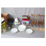 (2) Toy Rocking Chairs, Glass Insulators, Wood Merchants Wagon, Small Louisville Slugger Bats, Glass Shot Bottles, B&C Saucers, GDM Plates, and Misc.