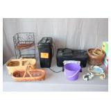 Pixma Printer, Wicker Baskets, Paper Shredder, Metal Corner Shelf, Dolphin Figurines, and Misc.
