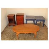 Wooden Oval Coffee Table, (2) Blue Wooden Side Tables, Two Drawer End Table and Single Drawer End Table