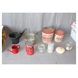 (2) Pure Kettle Lard Buckets, Watering Cans, Donald Duck Orange Juice Tin, Frying Basket, and Misc.