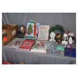 Rocking Santa Claus, Ribbon, Ornaments, Wooden Christmas Basket, Wreath, Gift Bags and Boxes, Pillows, and Misc. Christmas Decor