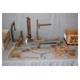 Cast Iron Shoe Lasts, Bottle Capper, Jacks, Scale, Rake Head, Limb Loppers, and Misc.