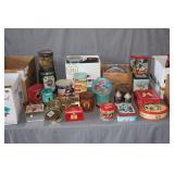 RedMan Tins, Mickey and Minnie Mouse Tin, Looney Tunes Tin, IH Toy Mailbox, Kentucky Club Pipe Tobacco Tin, Henninger Keg, Fehr's and Oertels 92' Beer Cans, and Misc. Tin Containers