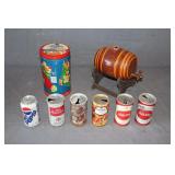 Barrel Decanter on Stand, (5) Retro Beer Cans. Heath Toffee Tin, and Diet Pepsi Can