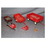 International Harvester Barge Wagon, Tru Scale Farm Trailer, ERTL Wagon, and International Harvester McCormick-Deering Wheelbarrow