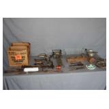 Speedway Grinder Base, Pipe Wrenches, Hanson Hanging Scale, Sifter, Pulley System, Wooden Hand Planer, Hudson Insect Sprayer, Combination Wrenches, Metal Basket, and Misc.