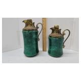 2 Green & Brass Carafe/Pitchers