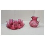Cranberry Glass Pitcher Tray & Glasses