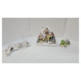 2 Shiny Brite Christmas Houses & String of Lights