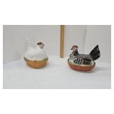 2 Ceramic Hen on Nest Covered Bowls. 1 Cracked