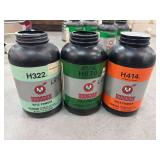 3 one pound canisters of Hodgdon rifle powder - H322 half full H870 half full and 414 new unopened.