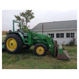 John Deere 1070 diesel compact tractor, 1119 hours on meter, FWA, JD 440 loader, w/ bucket and pallet forks, ROPS, 3 pt SN M1070A150292