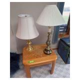 Two table lamps and side table Top has water damage, see photos