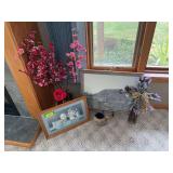 Decor includes brown top jug, barnboard framed barn print, pottery pitcher and more