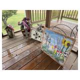 Wire serving cart style plant stand, ceramic planter and decor