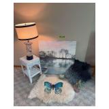 Wicker side table, lamp, fuzzy pillows, wall art, faux sheepskin rug 24x63 and more