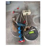 Ice auger, fillet board, tackle box, fishing stool and ice fishing poles