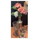 Two crystal vases and a hammered silver vase, all w decor