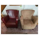 Pair of arm chairs, vinyl and tan cloth fabric