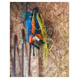 Electric hedge trimmers, drop cord, wire garden fence and kneeler