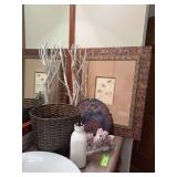 Wastebasket and decor includes wall art, barnacle, reed diffuser, etc