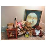 Basket of bears, "Grandmas Remember When" book and a boy holding his bear print