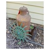 Rotary hoe wheel, Davis Welding Co gas can, brown glass bottle