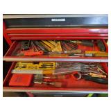 Tap and die set, tin snips, pop rivets, end wrenches  etc 3 drawers.