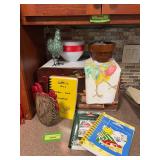 Machine Shed cookbooks, breadbox, Fire King bowl w corn holders, stoneware bowl w book matches, etc