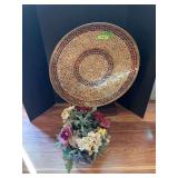 Art deco plate 24” and basket w artificial flowers