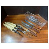 Wood handled knives including Case and Wilkinson w self sharpening case
