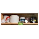 Stoneware utensil holder, enamel pots, timer, sifter, thermometer, etc
