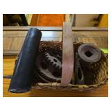 Basket of old steel implement items and chunk of copper wire