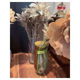 16”tall heavy art deco glass vase and clear glass vase, both w “flowers”