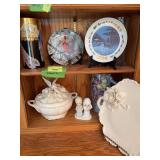 Peacock vase marked Rosenthale, collector plates, clear glass vases, Precious Moments bride & groom, etc