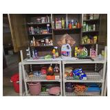 Contents of cabinets and plastic shelves includes cleaners, door locks, dog dishes, insect killer, solder gun, lamp cord and MORE