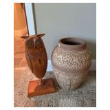 18” tall wooden owl w 12ga eyes and RRP Co vase No.140-15