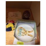 Easter plates, ceramic egg, dish towels