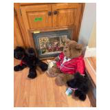 Signed Knutson print and three bears The big guy is a Gund See photos for details on black bear w pink ribbon, he is jointed