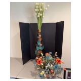 31” tall art deco vase w fake stuff and terra cotta planter w artificial flowers