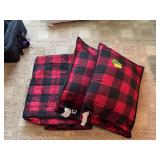 Black & red plaid queen size blanket with matching shams and two "The Big One” pillows