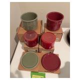 Two Longaberger salt pints, pint size pillar candles and one pint crock lid/coasters