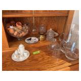 Wheel etched pitchers, small brass spittoon, child size tea set, etc