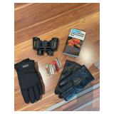 Bushnell binoculars, pocket knives, gloves and book