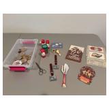 Small tote of collectibles-Susan B Anthony dollars, Christmas matches, wooden nickels, watch  fobs and more