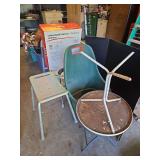 Rolling yard waste bin, 2 small round patio tables, elevated toilet seat, shower chair, walker etc...