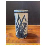Sleepy Eye blue and white salt glazed vase w dragonfly and cattails 8.5” tall, see photos for condition