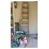 7’ wooden ladder, tarp, hand sprayer, brooms, fish tape, yard tools, etc NO GUTTER SCREENS