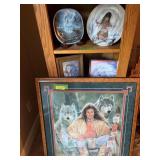 S/N “The Hunter” by Maija 590/950 31x35, two 5x7 Native American pictures, DeGrazia collectors plate and “Snow River” collector plate