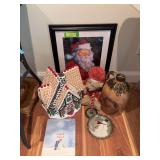 Christmas group includes two Susan Comish framed Santa prints, book, Boyd’s Santa bear, a gingerbread house, cookie plate and jug